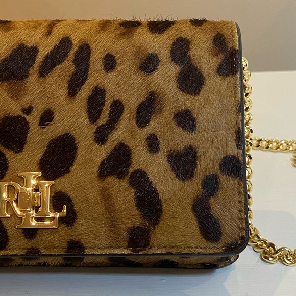 NWOT Lauren Ralph Lauren Leather Calf Hair Leopard Chain Crossbody Tech Bag $225 - Picture 7 of 15